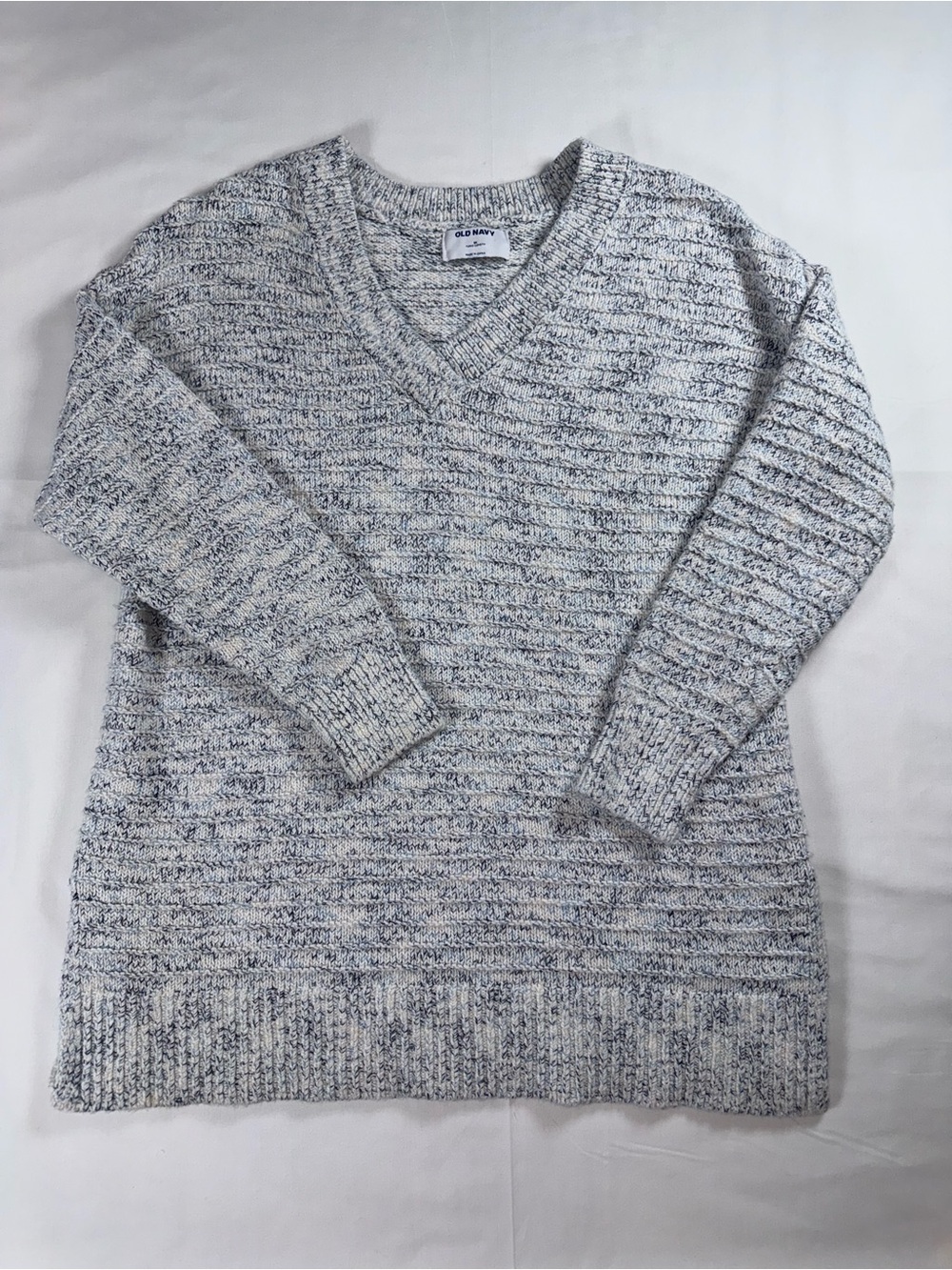 Old Navy Marled Knit V-Neck Tunic Sweater Blue Cream Gray M